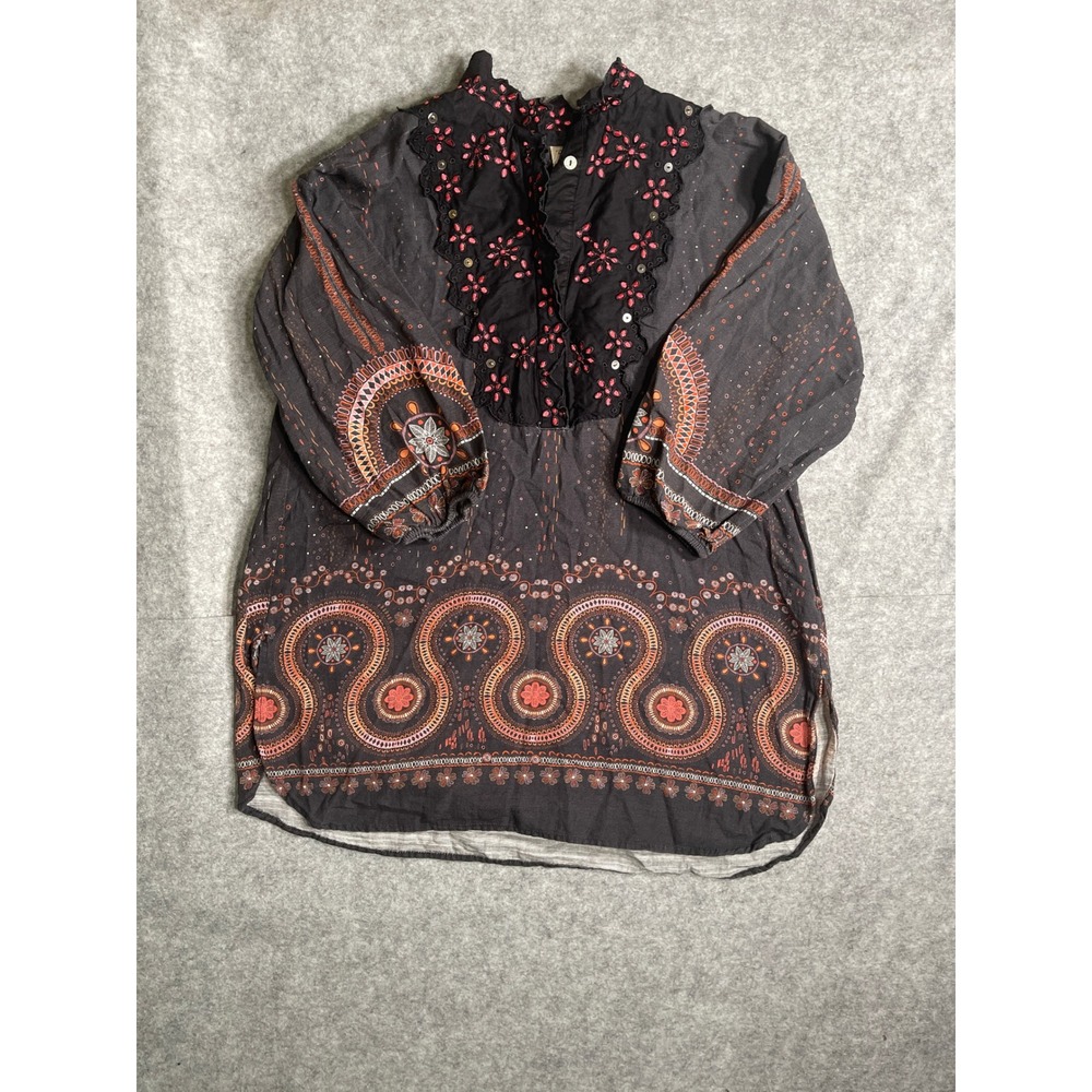 Ethnic by Outfitters Fusion Embroidered Boho Tunic Blouse Black Orange Womens S